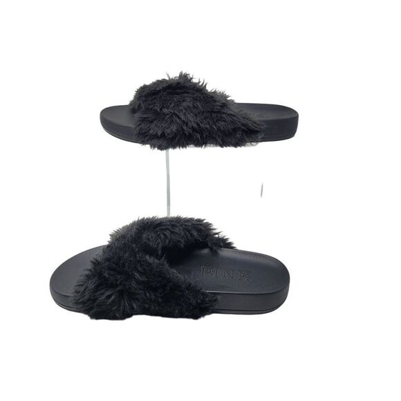 Victoria's Secret Pink Womens Faux Fur Slide Slippers Black S Fuzzy Open Toe - Picture 6 of 11